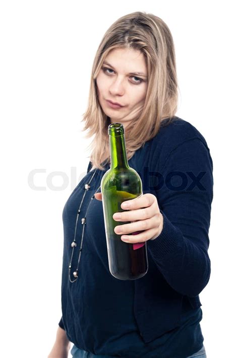 Frustriert Betrunken Frau Mit Flasche Wein Stock Bild Colourbox