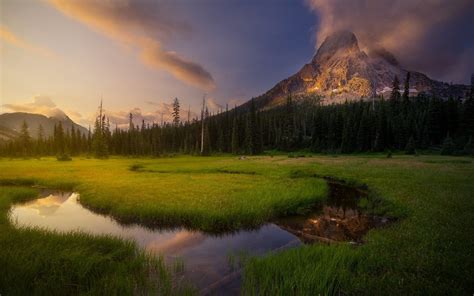 Landscape Nature Sunset Forest Mountain Clouds Grass