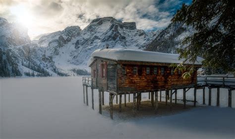 Ice Snow Mountains Nature Winter Cabin Lake Frozen Lake Hd Wallpaper