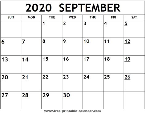 Printable 2020 September Calendar Free Printable