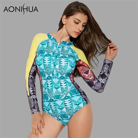 aonihua 2018 front zipper one piece swimsuit women long sleeve geometric pattern printing