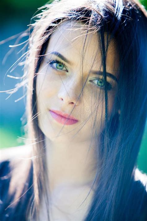Beautiful Girl With Green Eyes In City Park Woman Beauty Face Portrait