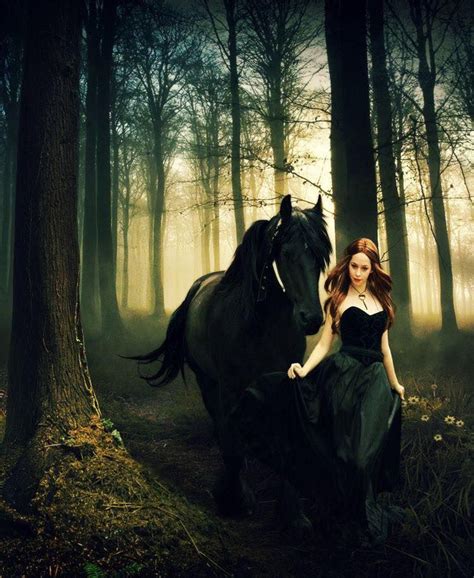 Woman In A Black Dress With Dark Black Horse On A Stroll In The Forest