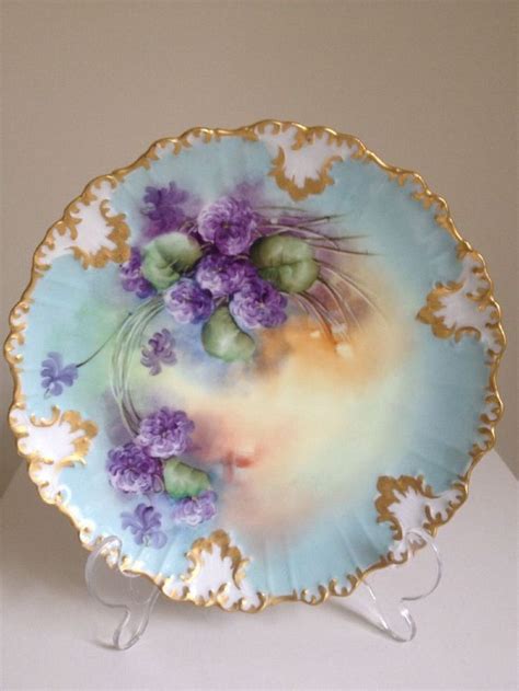 Vintage Antique Limoges France Handpainted Cabinet Plate Purple Flower