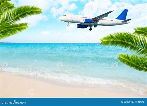 Jet Airplane Landing Over The Sea Beach Stock Image Image Of Landing