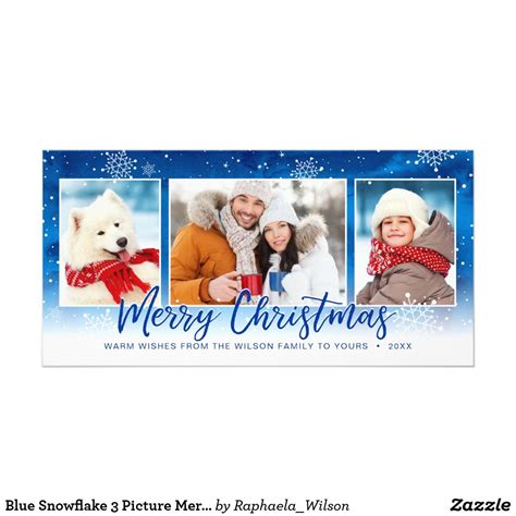 Blue Script 3 Picture Merry Christmas Photo Cards Unique Christmas