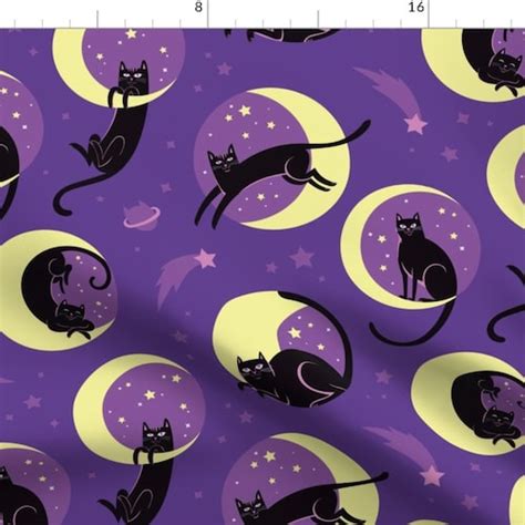 Cats Fabric Moonlight Black Cats In Teal Sky By Pinkowlet Etsy