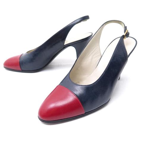 Vintage Chanel Shoes Pumps 39 6 Two Tone Blue And Red Leather Shoes Ref
