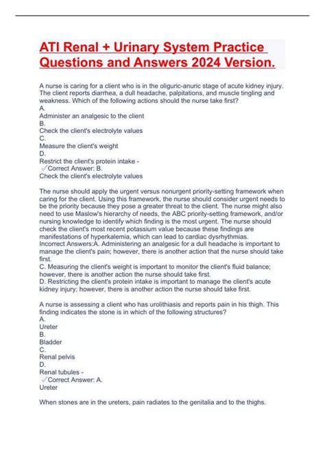 ATI Renal + Urinary System Practice Questions and Answers 2024 Version