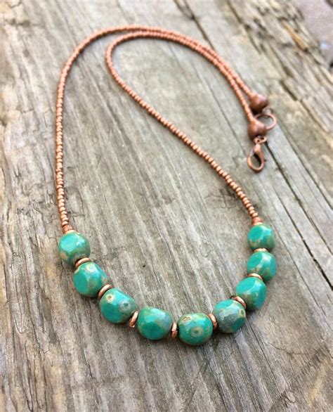 Turquoise Necklace Turquoise Beaded Necklace Copper Jewelry Etsy Czech Glass Necklace Glass