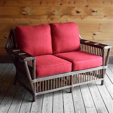 1946 Wicker Loveseat Rattan Porch Furniture With Cherry Red Cushions Dartbrook Rustic Goods