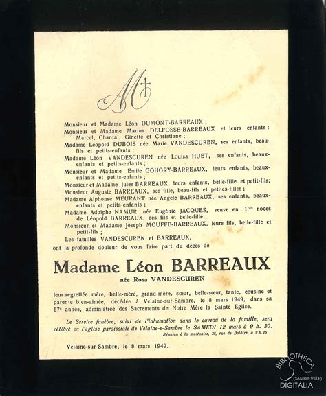 Avis De Décès De Madame Léon Barreaux — Sambreville Bibliotheca