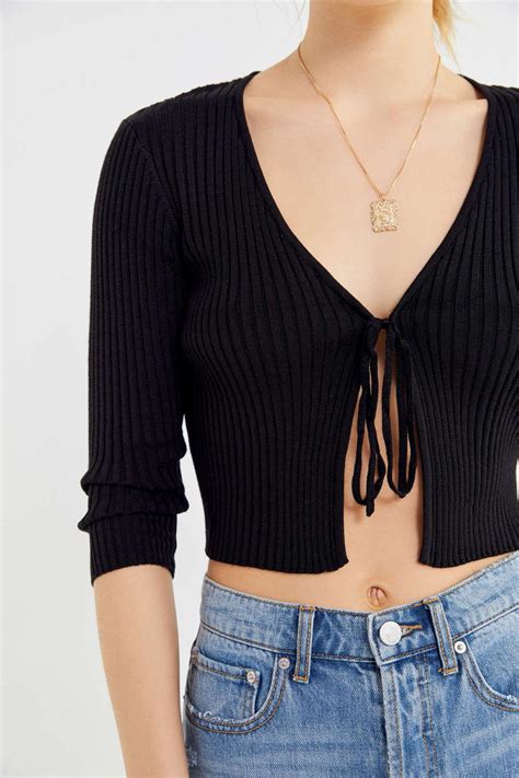 urban outfitters uo noor ribbed tie front cardigan in black lyst