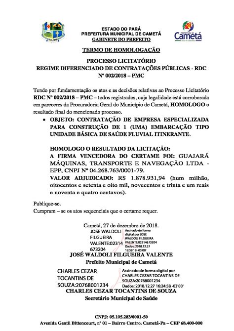 Termo De HomologaÇÃo Prefeitura Municipal De Cametá Pa Gestão