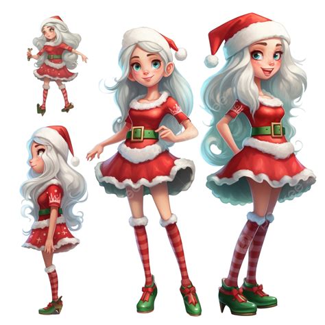 christmas santa girl character design model sheet with walk cycle lip