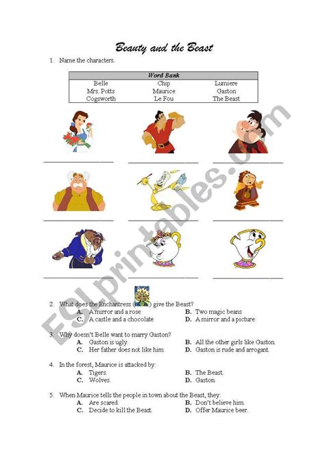 Beauty And The Beast Worksheet Part 1 Of 2 Esl Worksheet By Museworks