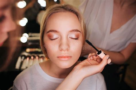 Close Up Beautiful Young Blonde Woman Face She Has Eyeshadows On