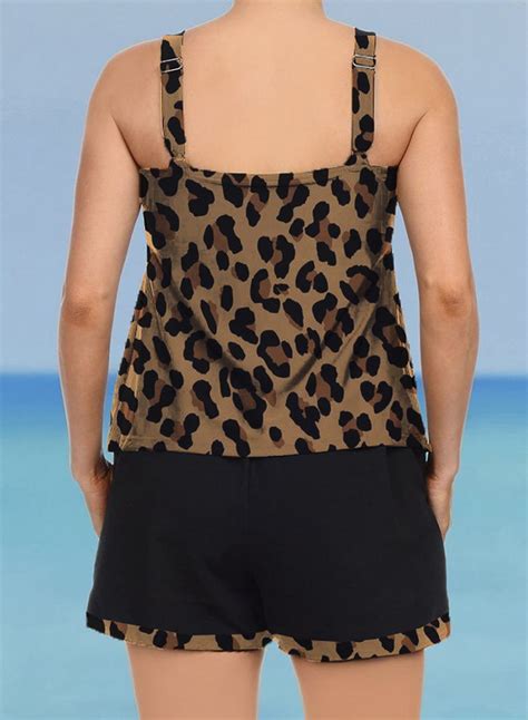 Women S Plus Size Leopard Tankini With Shorts U Neck Ruched Padded Two Piece Swimsuits Bathing Suit