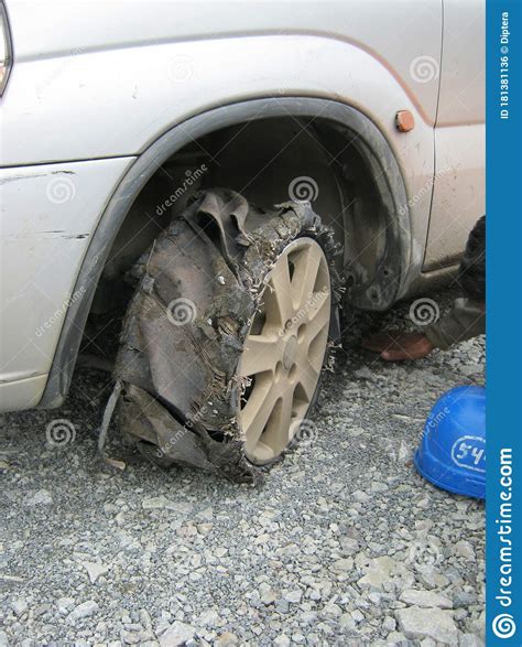 Pierced Wheel Traveled On Crushed Stone Car Wheel Is Broken Flat Tire