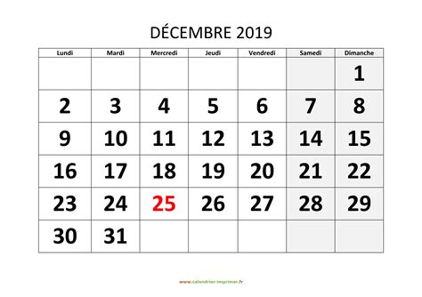 Calendrier Décembre 2019 à Imprimer