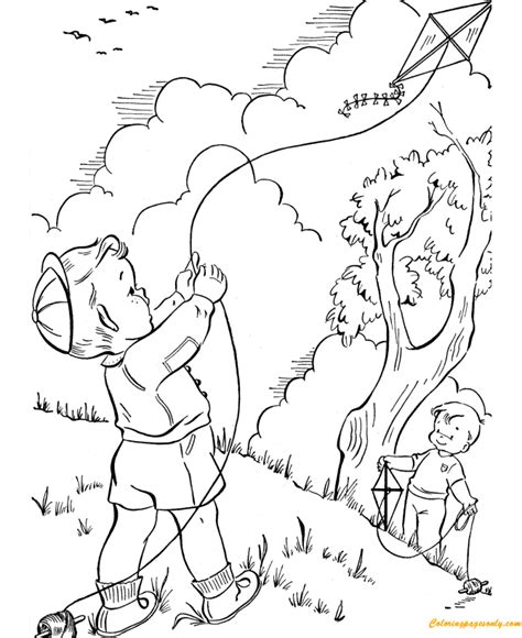 K is for kite and windy day are just two great examples. Spring Kite Flying Coloring Page - Free Coloring Pages Online