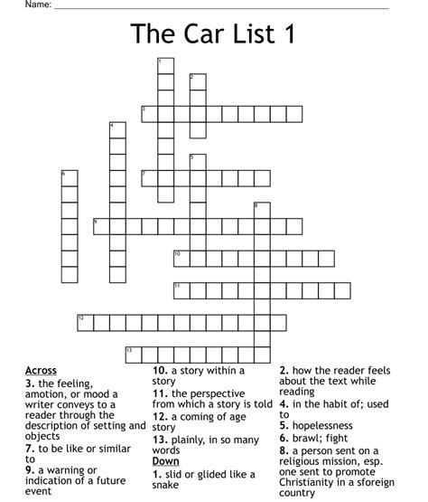 The Car List 1 Crossword - WordMint