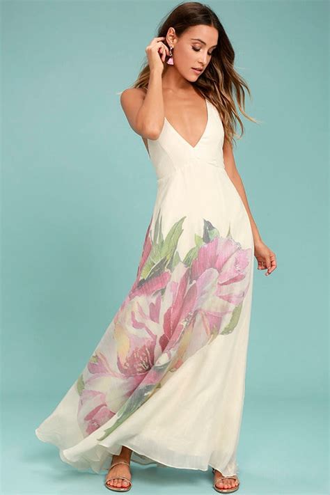 Lovely Cream Floral Print Dress Maxi Dress Backless Maxi Dress