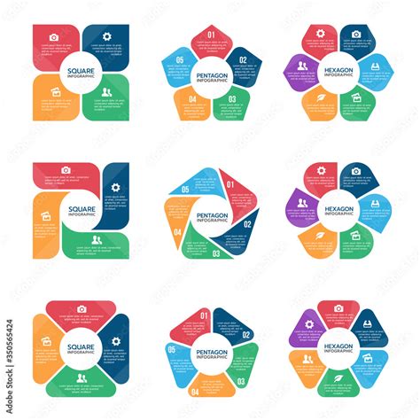 Square Pentagon And Hexagon Infographic Chart Part Four Part Five And Part Six Vector Set