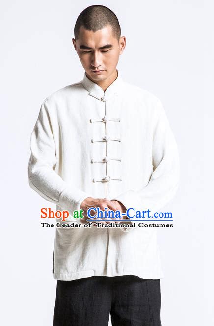 Asian China National Costume White Linen Shirts Traditional Chinese