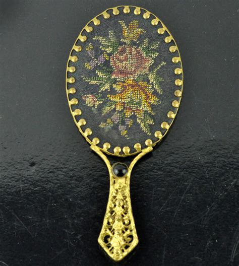 Vintage Hand Held Purse Vanity Mirror Ornate Solid Brass Enamel Floral