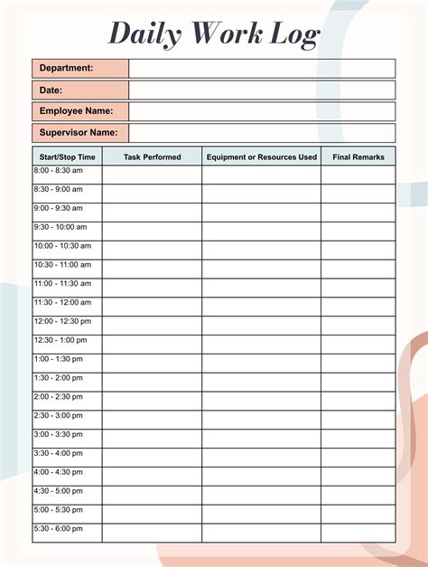 Daily Work Log Sheet Template Free Printable Worksheet