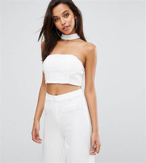 Parallel Lines Strapless Crop Top With Choker Neck In Lace Latest