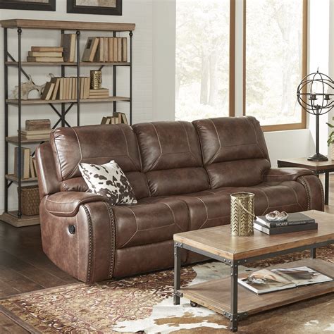 Achern Brown Leather Nailhead Air Reclining Sofa With Storage Console