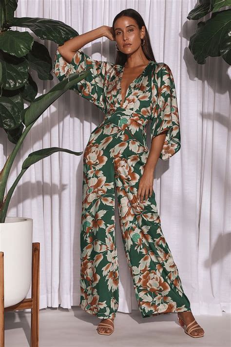 From Sunrise Teal Floral Print Bell Sleeve Wide Leg Jumpsuit In