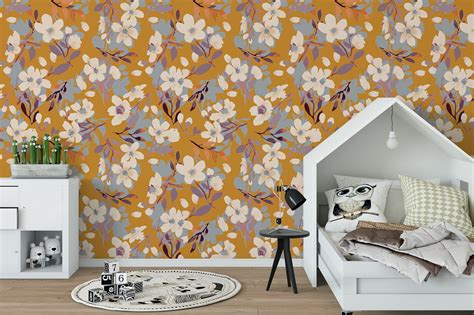 Dark yellow wallpaper with blooming flower pattern For | Etsy | Yellow