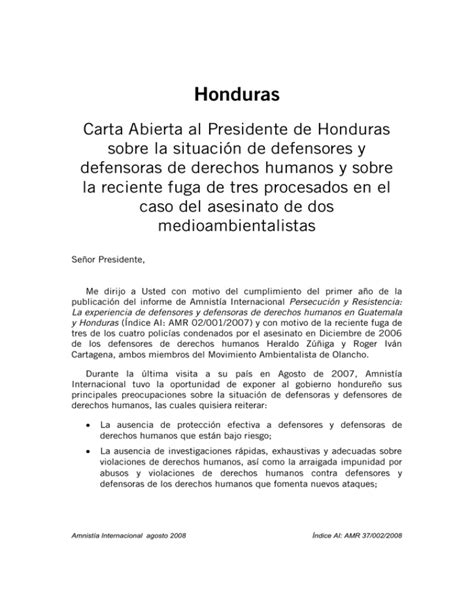 Honduras Carta Abierta Al Presidente De Honduras Sobre La