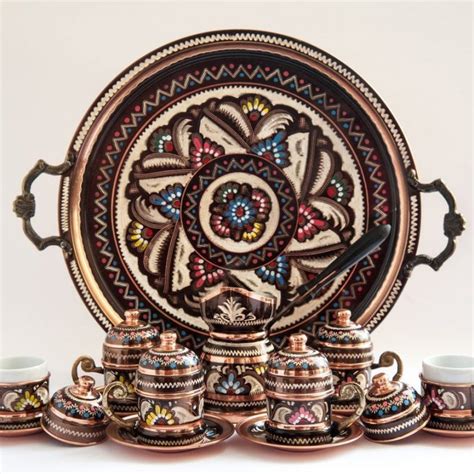 Turkish Luxury Ottoman Hand Painted Copper Coffee Set Petagadget