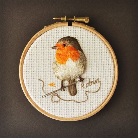 Original Hand Embroidery Of A Robin From The Garden Bird Collection