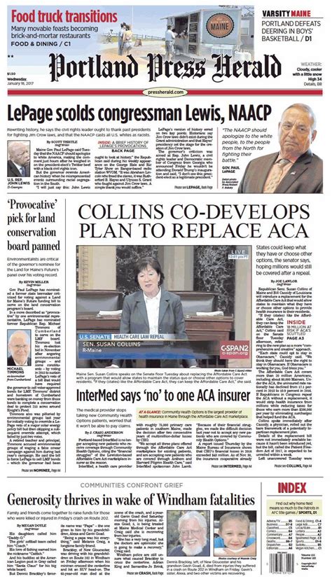 Today S Portland Press Herald Front Page Wednesday January 18 2017 Portland Press Heral