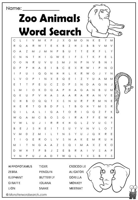Zoo Animals Word Search Free Printable The Zoo Word Search Wordmint