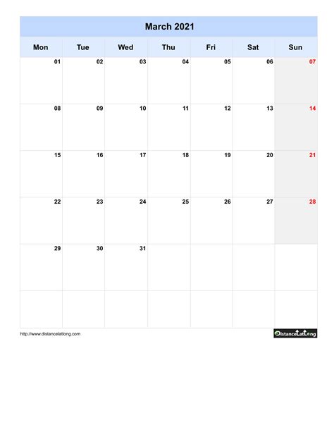 Free Monthly Printable Blank Calendar For March 2021 Monday To Sunday