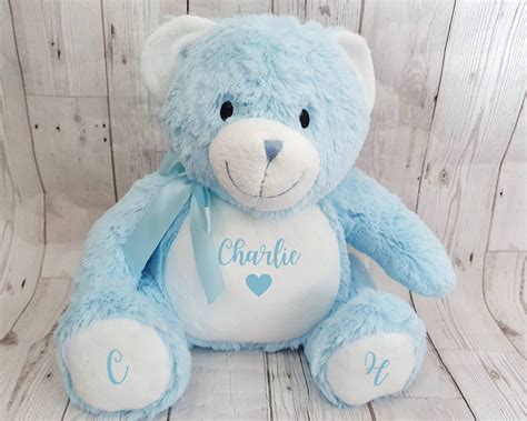 Personalised New Baby Teddy Bear Soft Toy Pink Blue White Gift Etsy