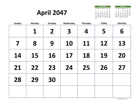 April 2047 Calendar With Extra Large Dates