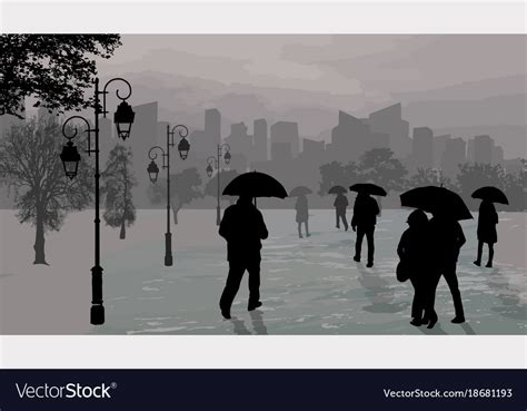 People Silhouettes At Rainy Day With Umbrellas Vector Image