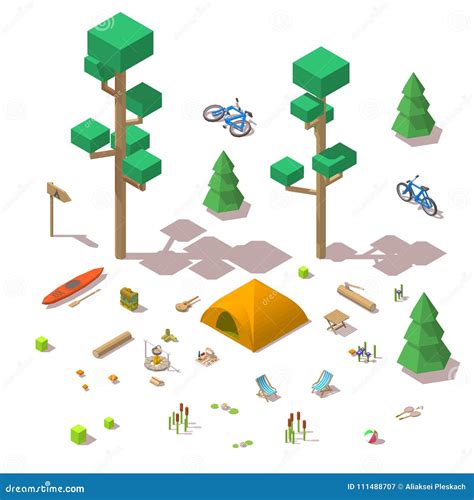 Vector Isometric 3d Low Poly Elements In The Camping Site Stock Vector