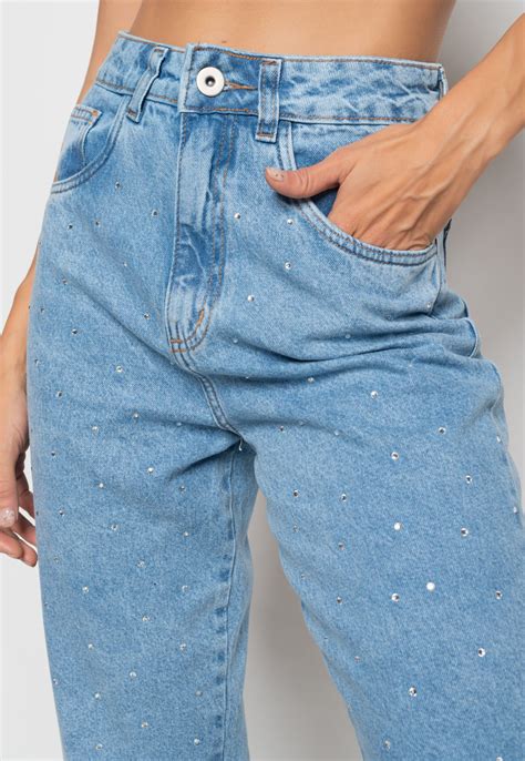 Calça Mom Jeans Com Strass Salvatore Fashion Azul