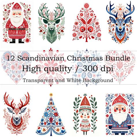 Scandinavian Folk Art Christmas Clipart Nordic Prints Bedroom Living