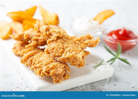 Chicken Strips With French Fries And Sauces Stock Photo Image Of