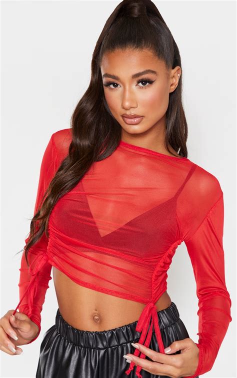 red sheer ruched tie long sleeve crop top prettylittlething ca
