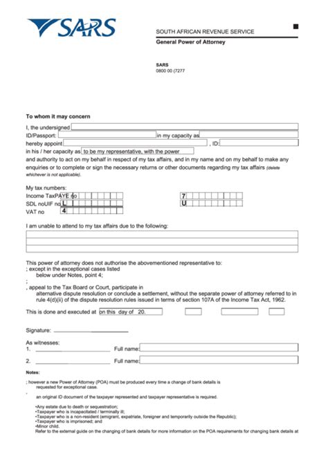 Sars power of attorney grants authority to a representative taxpayer or tax practitioner to act on behalf of a taxpayer. General Power Of Attorney printable pdf download